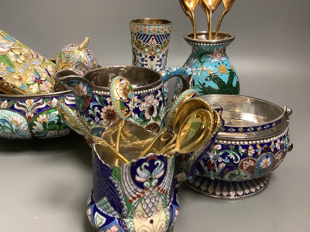 A quantity of enamelled metalware in Russian style